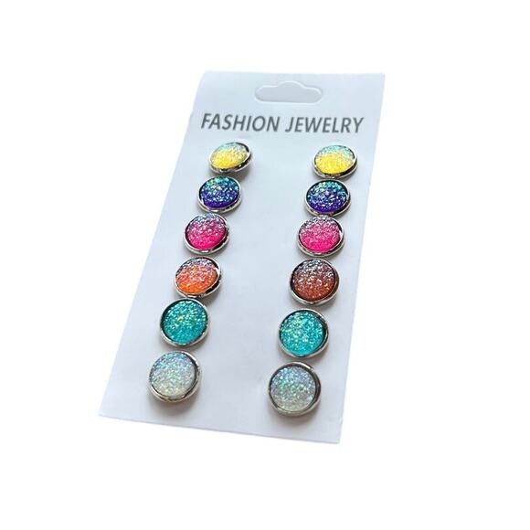 Fashion Round Earring Set Sparkling Jewel Tones 6 Pair Spring Summer Gifts - Picture 1 of 5